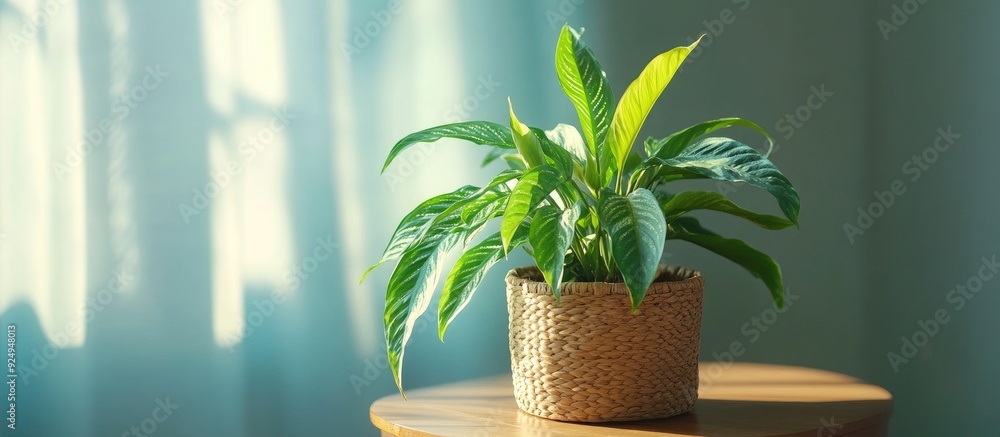 Poster neon green epipremnum aureum lemon lime houseplant in a basket flower pot on a table in the living r