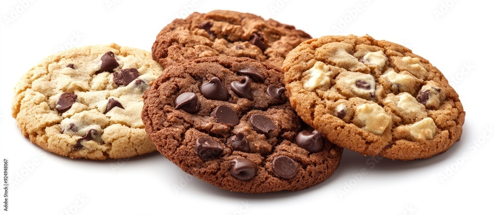 Fototapete assorted cookies including chocolate chip oatmeal raisin and white chocolate. with copy space image.