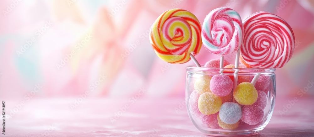 Aufkleber vibrant candies in a cup on a table against a light background oversized swirled lollipops a creativ