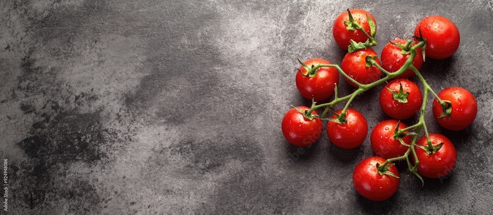 Poster fresh cherry tomatoes on a twig top view on the table copyspace available for text