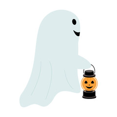 Funny halloween ghost. Festive, cute ghost with a jack-o'-lantern. Hand drawn. Vector graphics. Flat style.