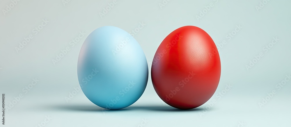 Poster Two Easter eggs one blue and one red in a row. with copy space image. Place for adding text or design