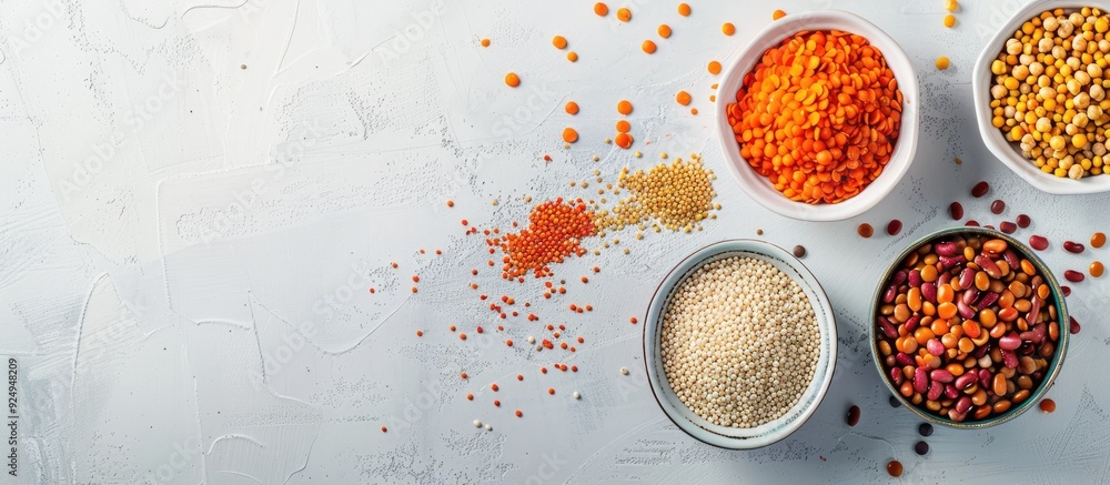 Poster assorted legumes lentils chickpeas and beans in various bowls on a white table top view with copyspa