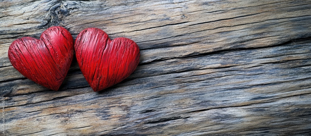 Poster Two red hearts against a wooden backdrop. with copy space image. Place for adding text or design