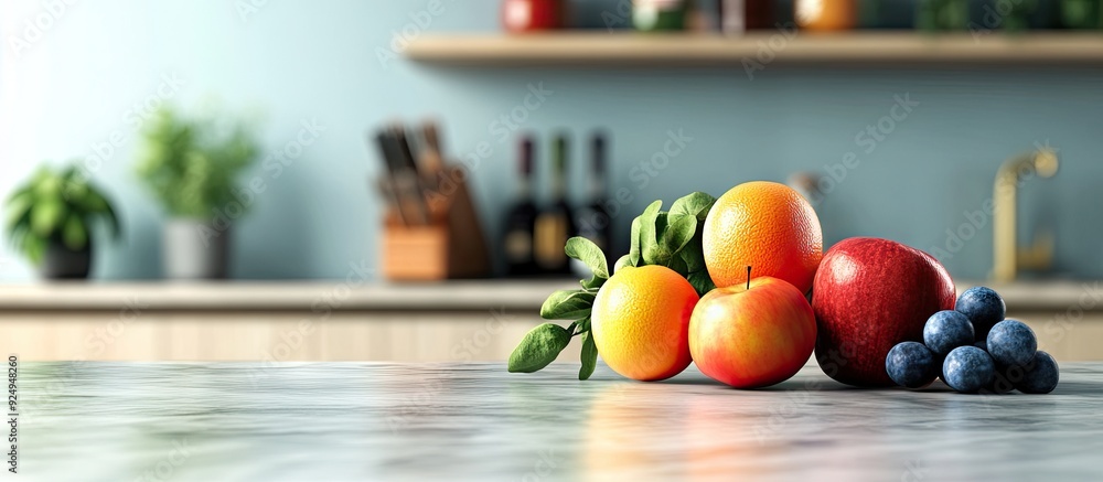 Poster Fresh ripe fruits on the kitchen counter. with copy space image. Place for adding text or design