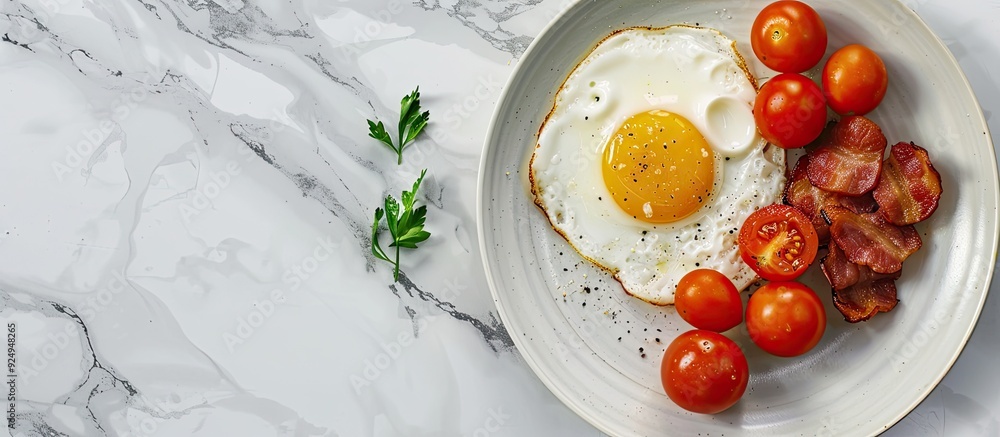 Poster English breakfast Egg and fried bacon A cup of tomatoes Breakfast served on a marble table Fried egg Space for text in food images. with copy space image. Place for adding text or design