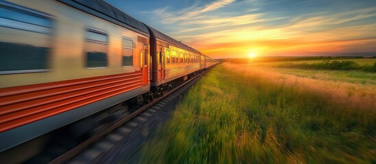 Fototapeta premium Train Journey Through Sunset Fields