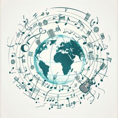 a globe surrounded by connected music notes and musical instruments, vector style, single color, simple lines ,generative ai