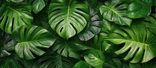 Fototapeta premium Natural green plant landscape serving as a background or wallpaper with copyspace for text Tropical leaves texture Close up of tropical palm leaves and jungle foliage Flat lay of green leaves with wa