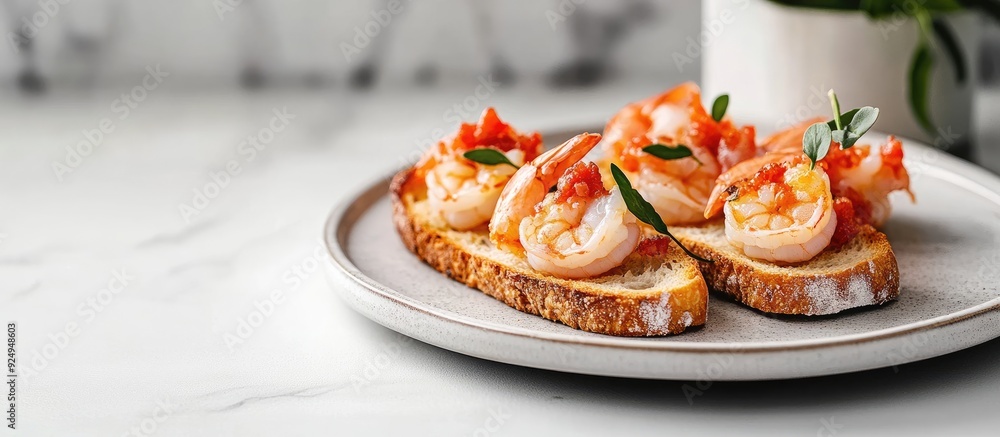 Poster shrimp on toast with pate a snack on a plate with a light background copyspace