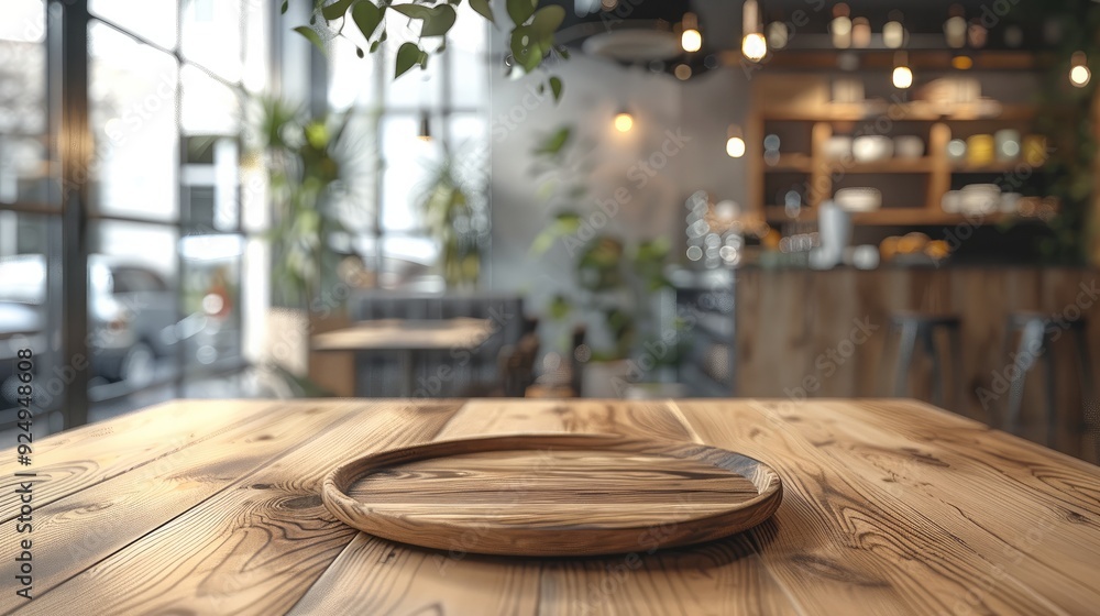 Aufkleber empty wooden table with a blurred background of a modern restaurant interior. generative ai.