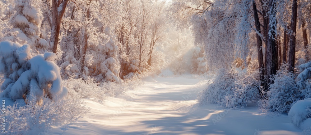 Aufkleber winter forest with snow covering the trees and pathway copy space for text