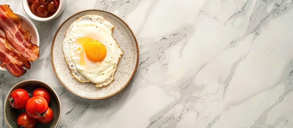 Fototapete English breakfast Egg and fried bacon A cup of tomatoes Breakfast served on a marble table Fried egg Space for text in food images. with copy space image. Place for adding text or design