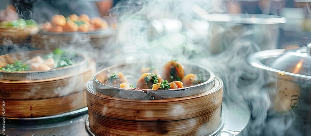 Poster chinese cuisine steamed dim sum in a traditional bamboo steamer. with copy space image. place for ad