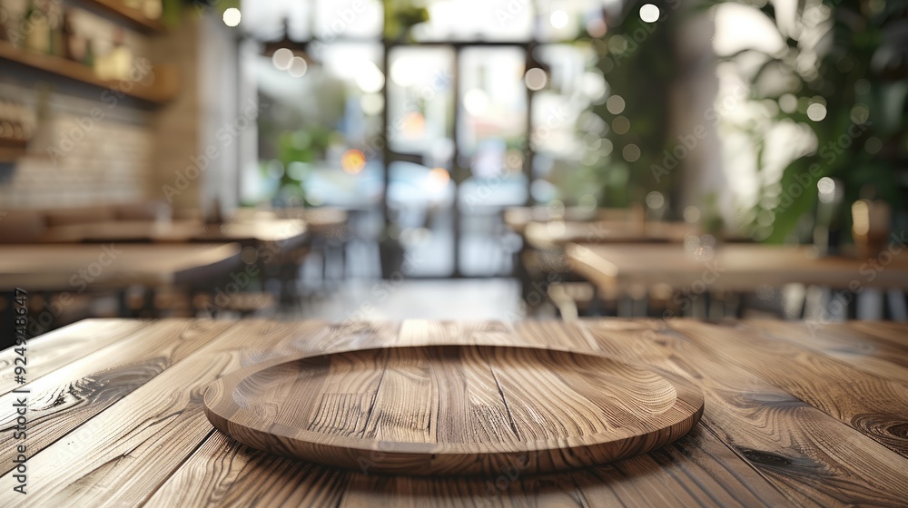 Aufkleber empty wooden table with a blurred background of a modern restaurant interior. generative ai.