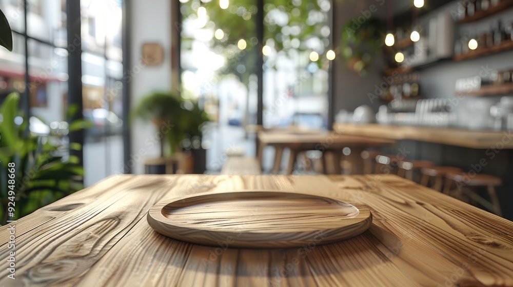 Aufkleber empty wooden table with a blurred background of a modern restaurant interior. generative ai.