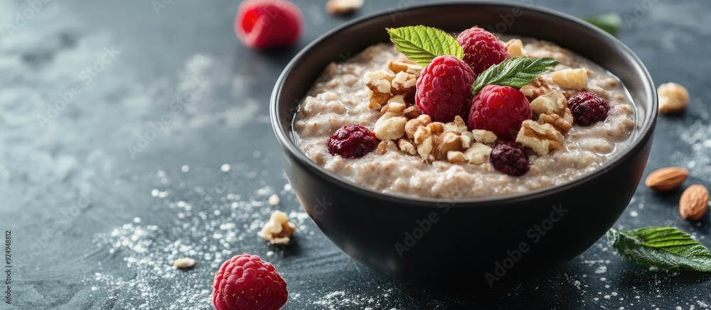 Leinwandbilder oatmeal topped with nuts and raspberries. with copy space image. Place for adding text or design