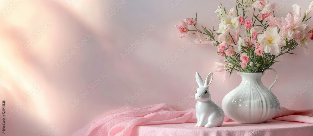 Aufkleber on the table with a pink tablecloth there is a vase of flowers and a white porcelain rabbit. with copy space image. Place for adding text or design