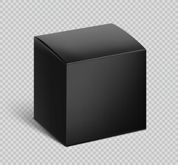 Realistic black paperboard box mockup. Vector illustration on transparent background. Half side view. Can be use for food, cosmetic, pharmacy, sport and etc. Ready for your design. EPS10.