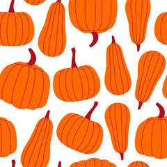 Fall pumpkins seamless pattern. Happy harvest festival. Drawing, sketch. Pumpkin silhouettes. Vector background, backdrop, digital paper.