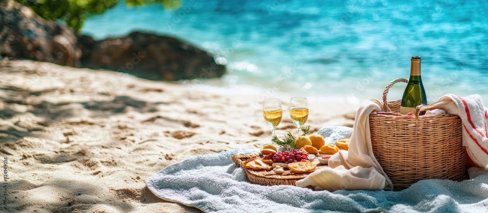 Aufkleber Bag blanket wine and various items for a beach picnic on the sand. with copy space image. Place for adding text or design