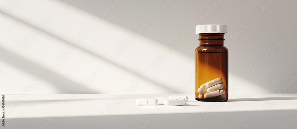 Poster bottle and pills set against a white background. with copy space image. Place for adding text or design