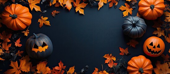 Halloween pumpkin with embellishments top view flat lay. with copy space image. Place for adding text or design