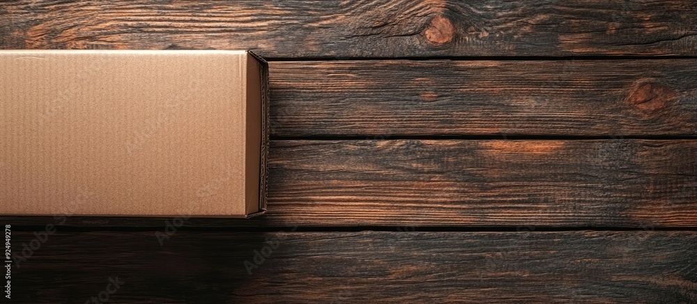 Aufkleber Mockup of an empty brown trapezoidal cardboard box on an old wooden table seen up close Top view flat lay and space for text Banner. with copy space image. Place for adding text or design