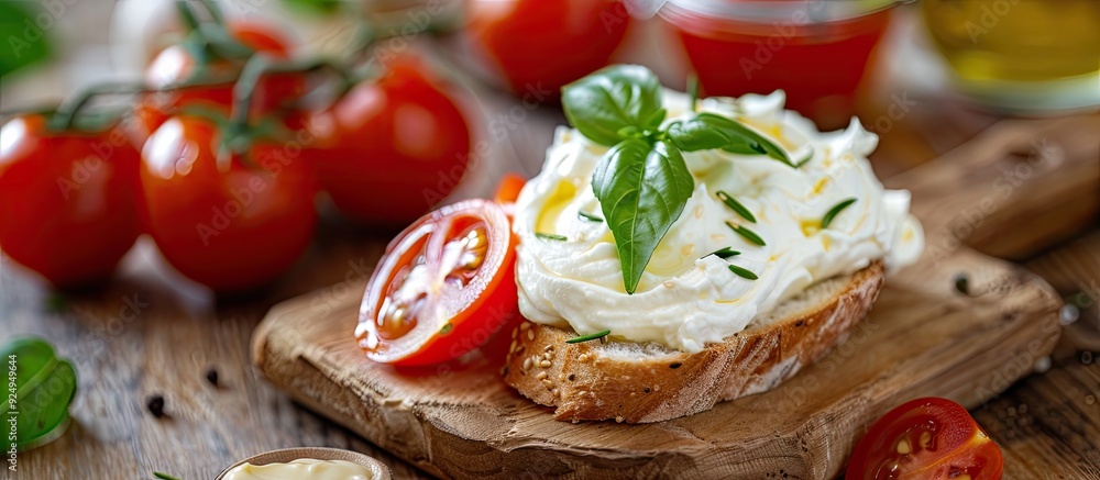 Poster Mascarpone cheese spread on French bread accompanied by tomato juice. with copy space image. Place for adding text or design