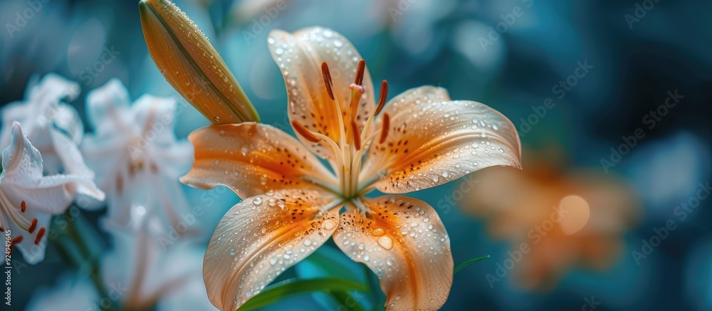 Aufkleber Delicate white tiger lily set against a white background Beautiful still life Star shaped flower Springtime Flat lay top view. with copy space image. Place for adding text or design