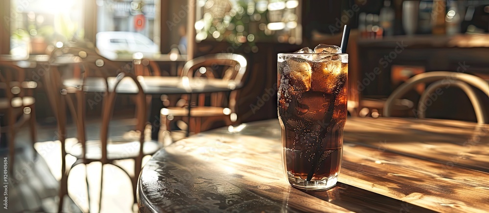 Poster Iced black coffee on a table in a cafe. with copy space image. Place for adding text or design