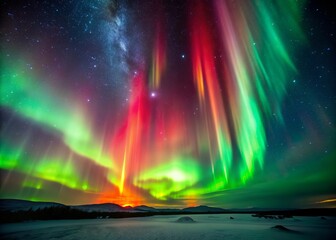 Aurora-inspired, spectral galaxy, with shimmering curtains of emerald green, and flashes of crimson, set against a dark, star-filled sky, in a vibrant, high-energy mood.
