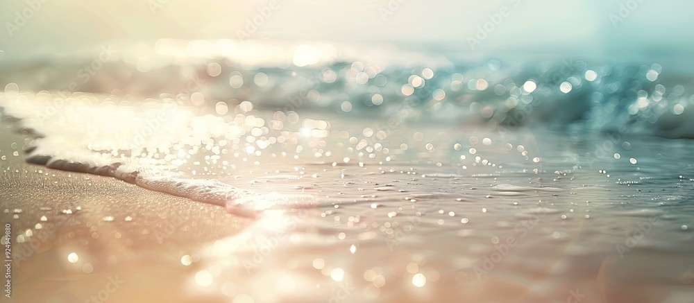 Poster abstract blurred beach with bokeh sunlight reflecting on the sand texture background copy space for 
