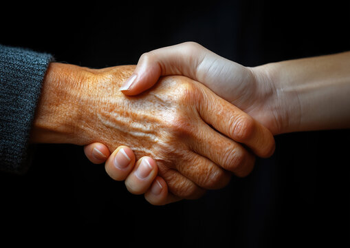 Una mano joven estrecha la mano de una persona mayor, simbolizando apoyo, ayuda y bienestar. La imagen representa la solidaridad intergeneracional y el compromiso de bienestar com&uacute;n, fondo negro