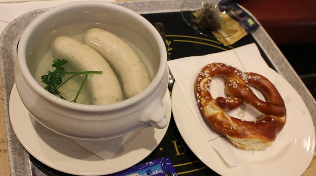 German cuisine: boiled weisswurst (white sausages) with pretzel in Munich, Germany