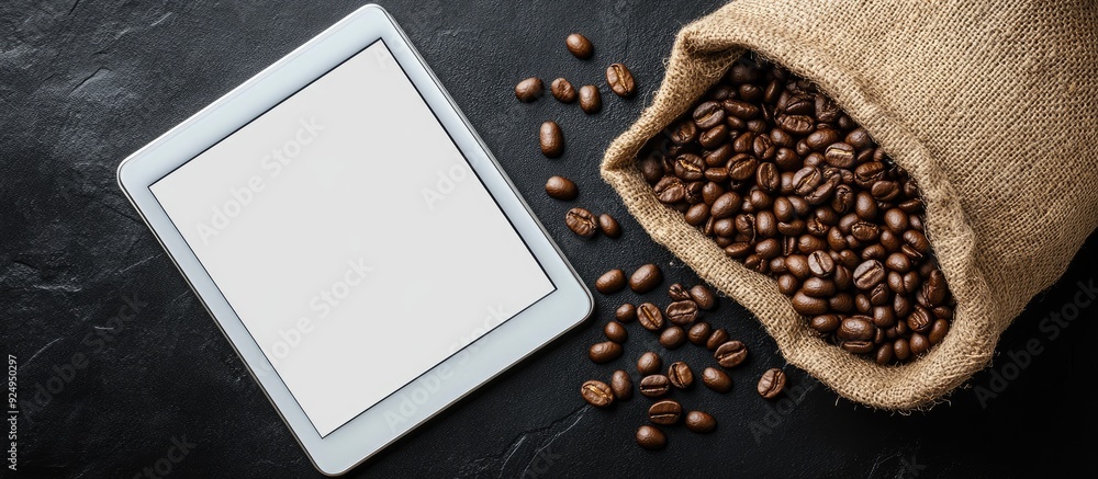Aufkleber Tablet computer with a blank white screen and coffee beans in a burlap sack on a black backdrop. with copy space image. Place for adding text or design