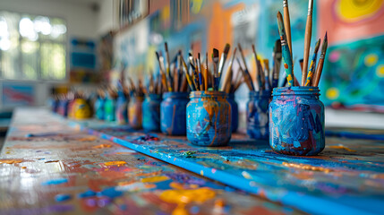 watercolor bottles and brushes, Creativity and the arts in an elementary school