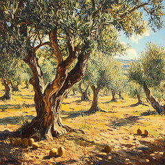 Fototapeta premium A picturesque olive grove bathed in warm sunlight, with ancient olive trees laden with ripe olives.