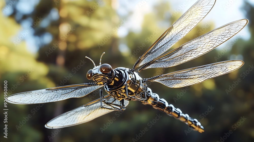 Poster mechanical dragonfly hovering with delicate robotic wings and cutting-edge design
