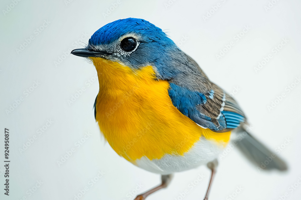 Wall mural a small blue and yellow bird perched on a branch