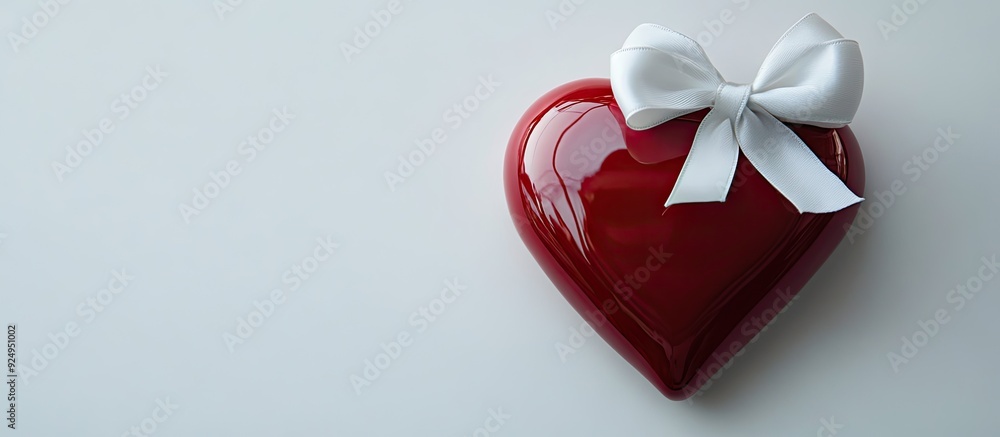 Leinwandbilder red heart adorned with a white satin bow and highlights made of ceramic set against a white backgrou
