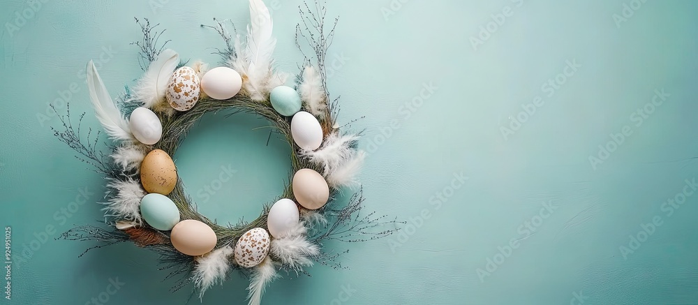 Poster lovely easter wreath adorned with eggs and feathers on a green wall. with copy space image. place fo