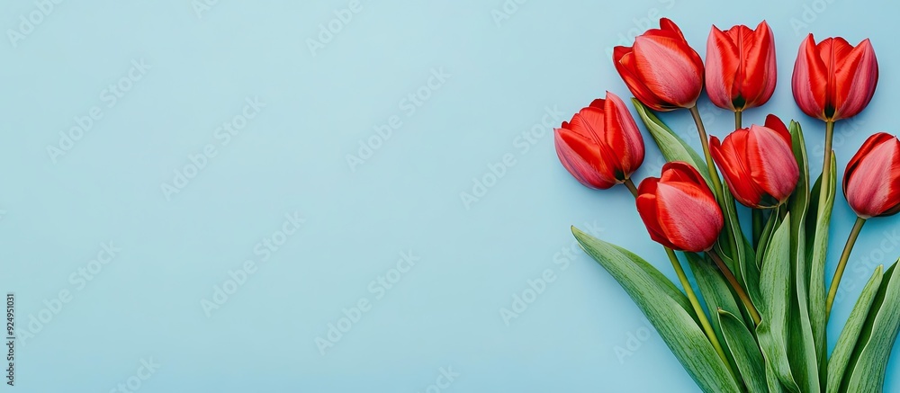 Poster a cluster of red tulips against a light blue background concepts for mother s day valentine s day an