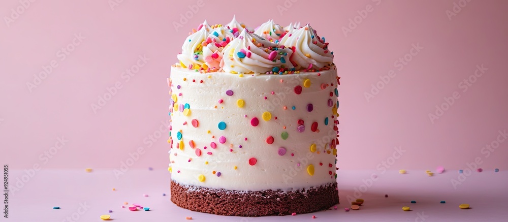 Poster A blank cake with vibrant rainbow cream on a white background adorned with colorful sprinkles and drizzled with chocolate Simple minimalism. with copy space image. Place for adding text or design