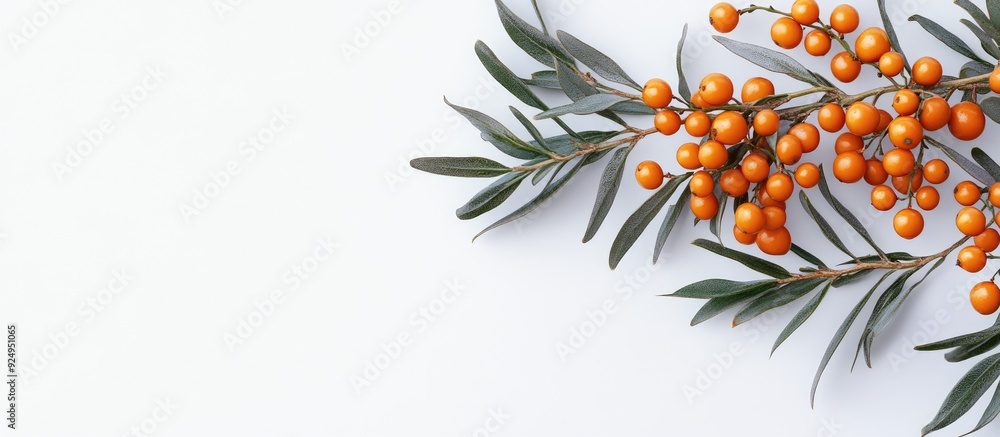 Fototapete sea buckthorn branch set against a white background. with copy space image. place for adding text or