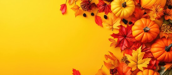 Bright autumn frame featuring maple leaves decorative pumpkins and flowers on a yellow background with copyspace for your design Halloween card Autumn sale idea