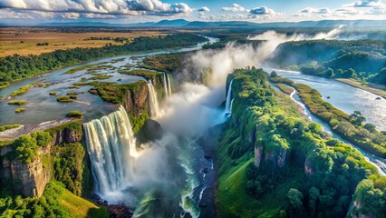 Breathtaking aerial panorama of Victoria Falls, Zimbabwe, showcases majestic Zambezi River, lush greenery, and misty veil surrounding the world's largest waterfall by volume.