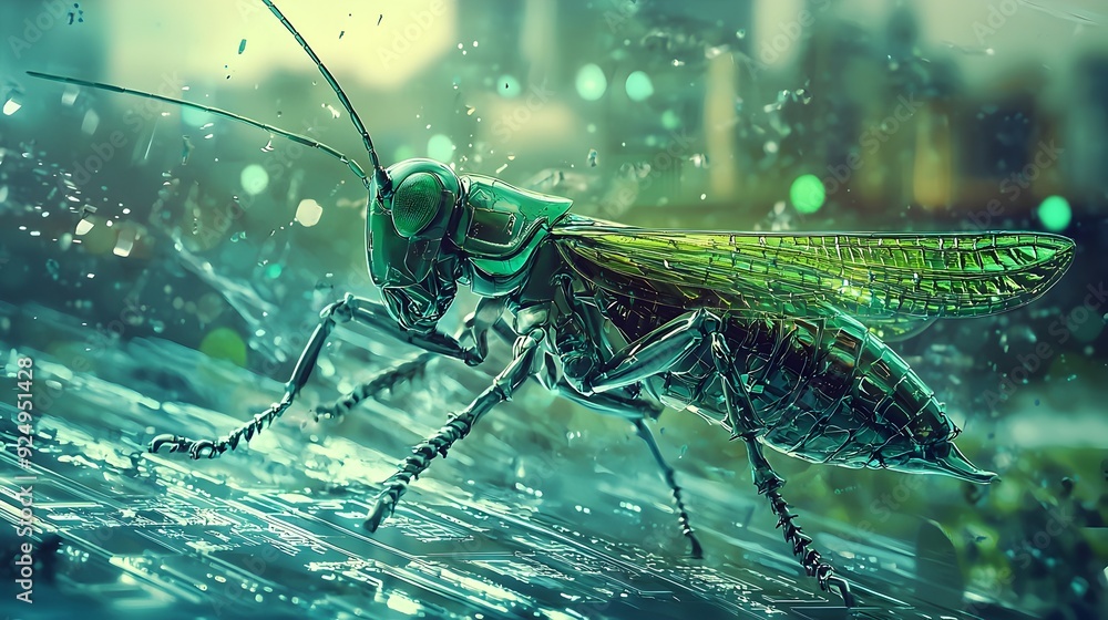 Poster futuristic robotic grasshopper leaping through digitized landscape with energy-efficient movement