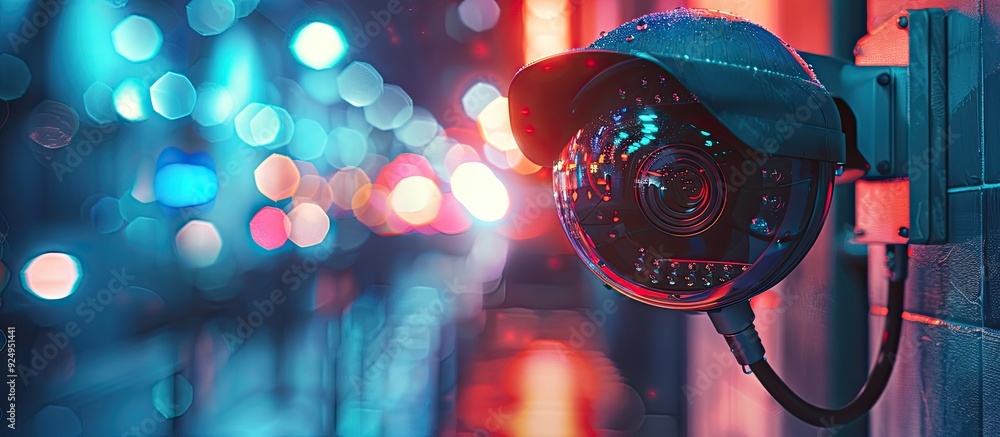 Poster Close up of a CCTV camera with a blurred background and copy space