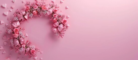 Valentine s Day backdrop Wreath of pink flowers with hearts on a soft pink background Valentine s Day theme Flat lay top view copyspace